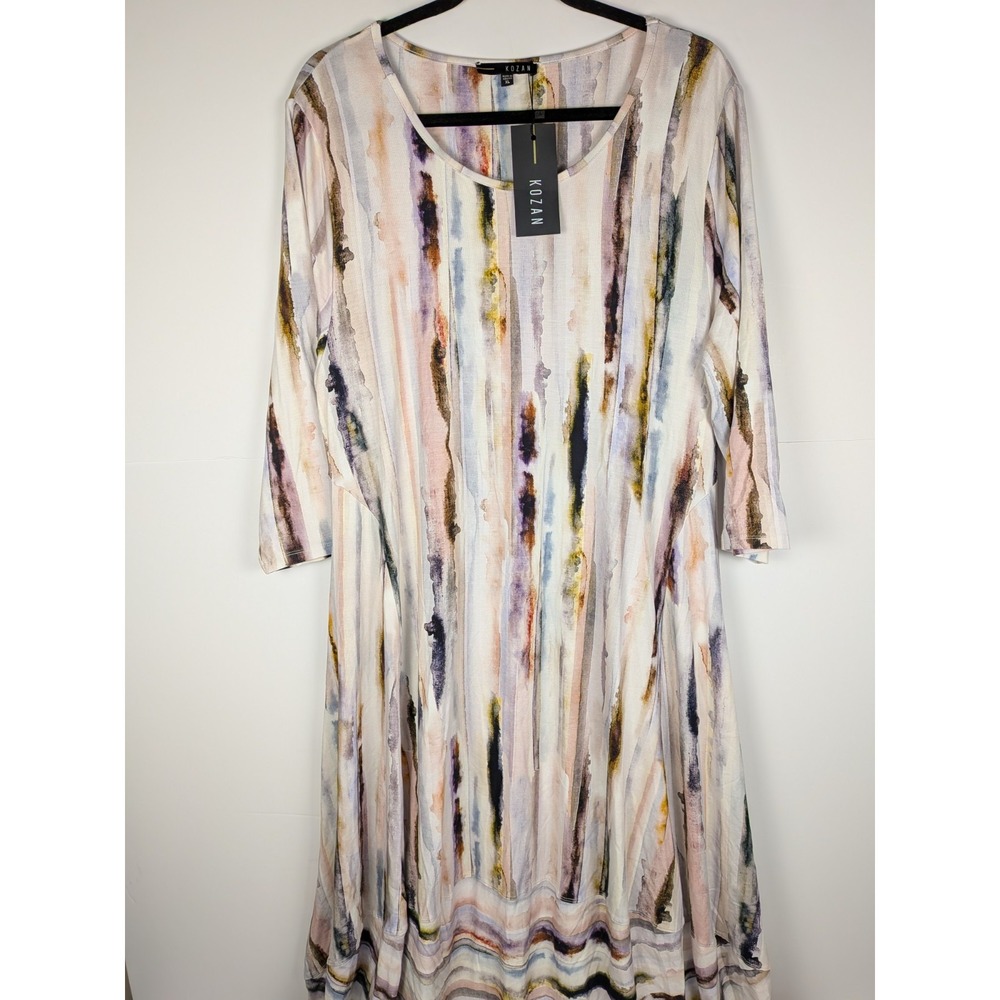 NWT Kozan Sz XL Marble Print Dress Full Length Long Sleeve Cotton Tencel Spandex